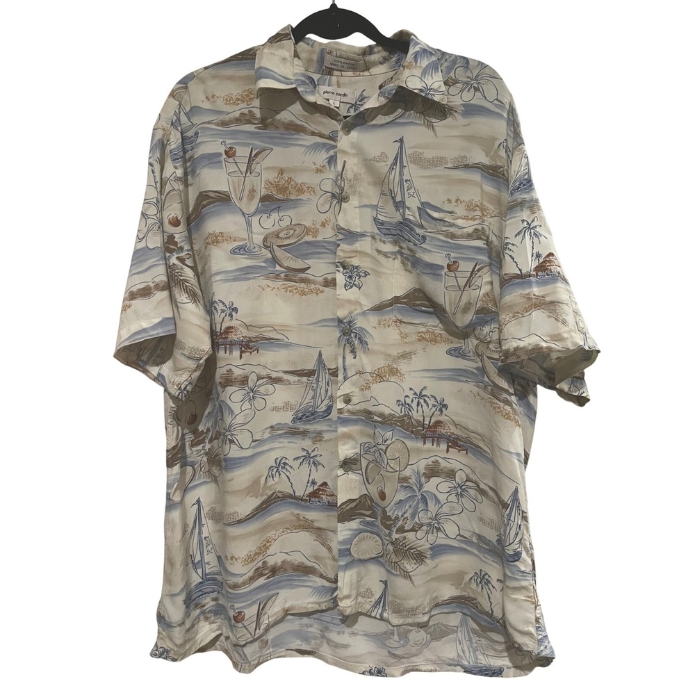 Pierre Cardin Hawaiian Shirt Mens Beige Tropical Island Sailboat Rayon Large